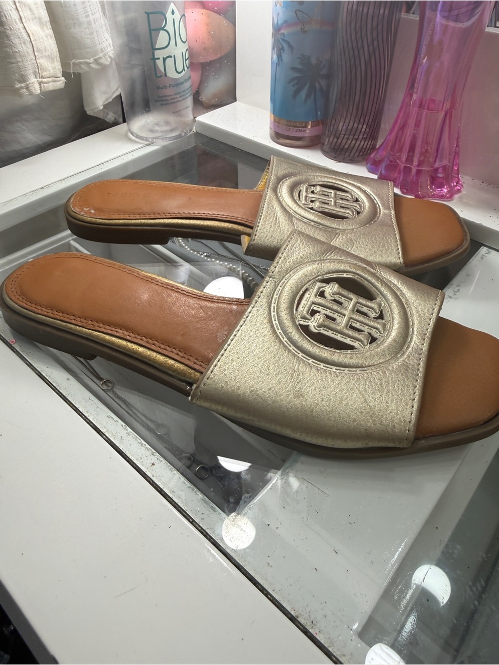 Tommy Hilfiger Metallic Champagne Slide Sandals with Logo Medallion - Picture 2 of 5